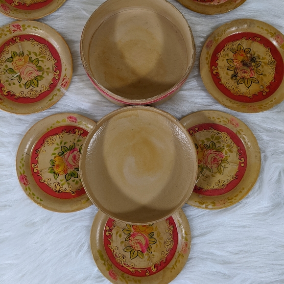 Vtg Occupied Japan Paper Mache Floral Coaster Set - Picture 4 of 5